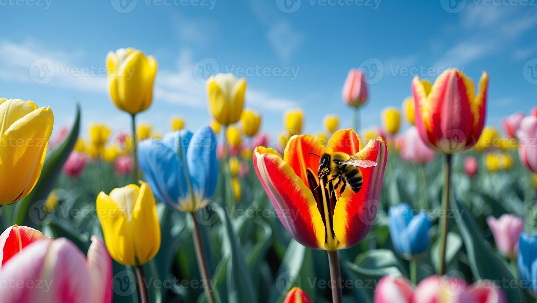 Bee Collecting Pollen From Colorful Tulip in Spring Field Under Sky photo