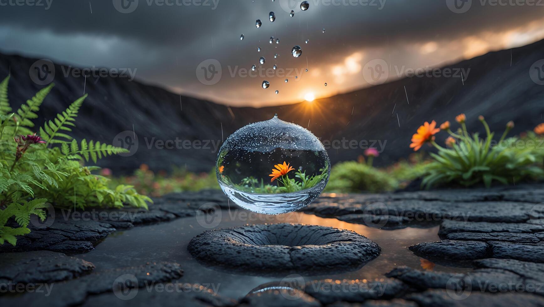 Floating Water Drop Reflects Landscape and Flower on Rainy Day photo