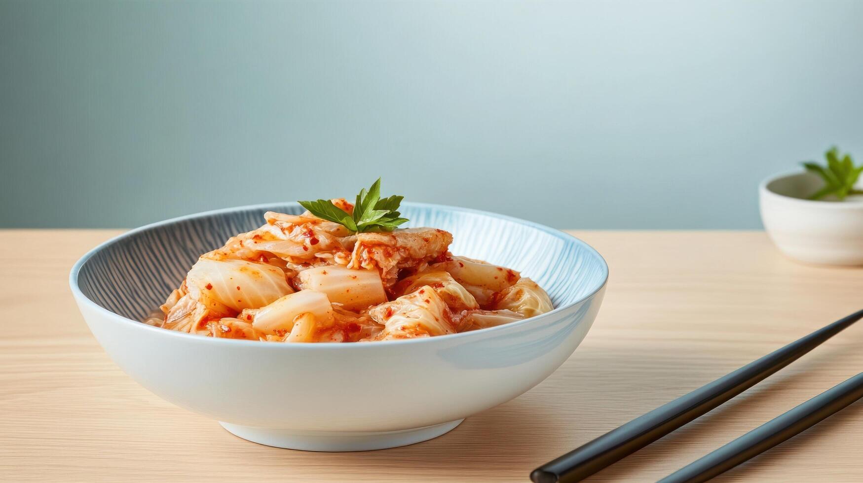 Kimchi in bowl. Side dish preparation on wooden table with green accents. Recipe ideas photo