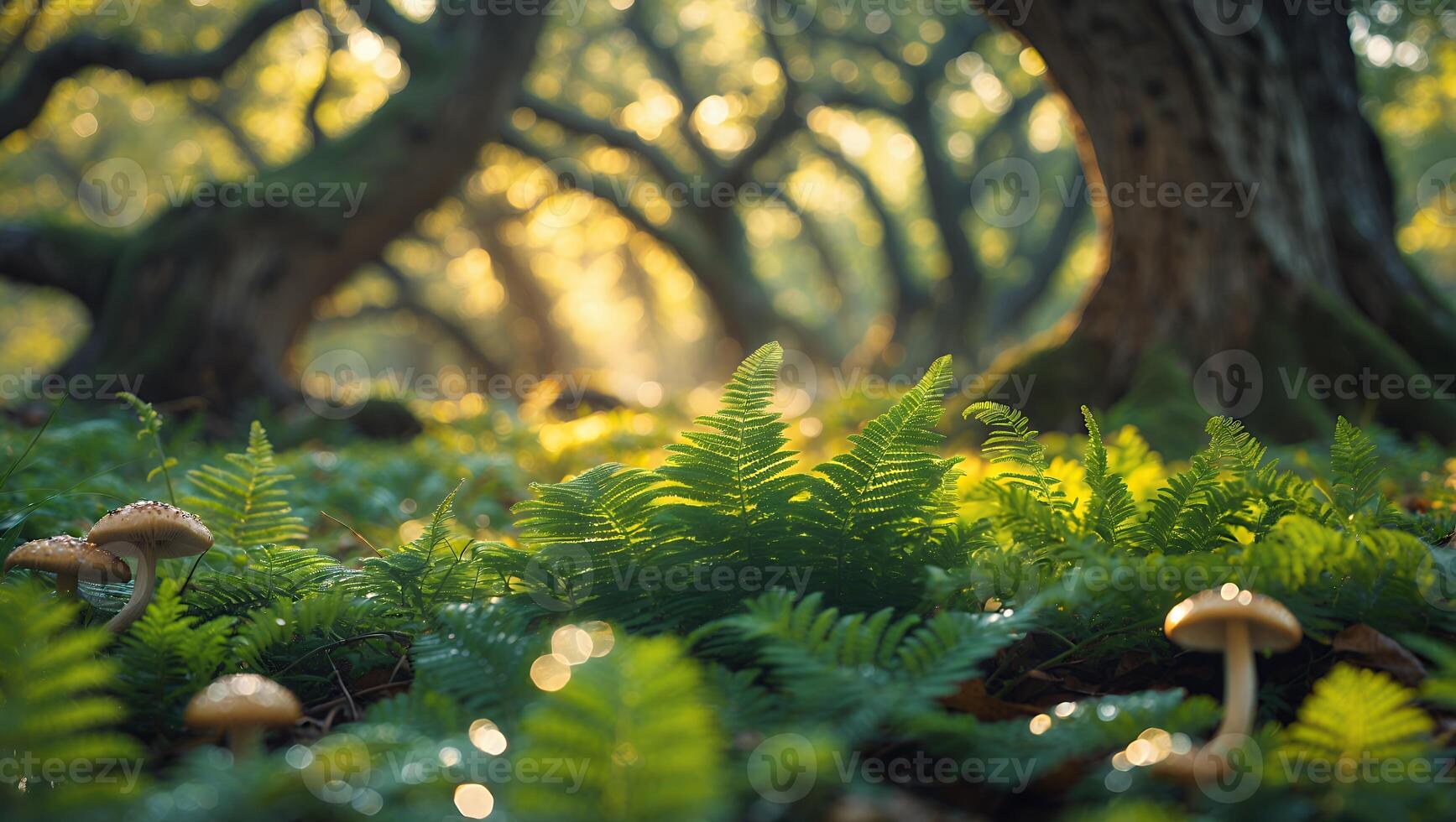 Ferns and Mushrooms in Forest with Sunlight Streaming Through Trees photo