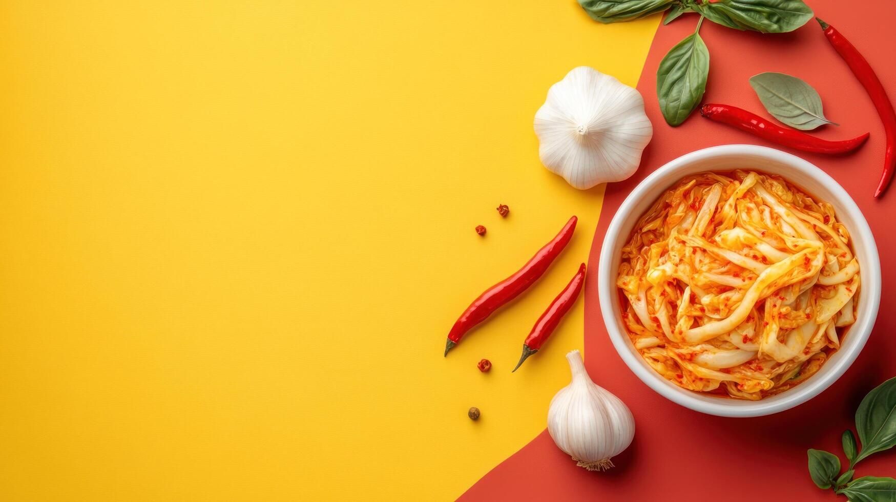 Kimchi in bowl with garlic and pepper on yellow and red backdrop, possibly for restaurant menu photo