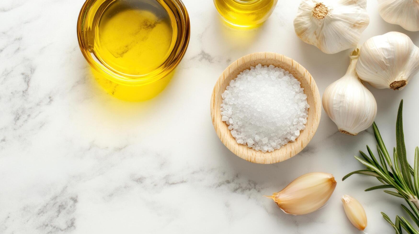 Kitchen elements on white marble table. Cooking ingredients for healthy food. Editorial use photo