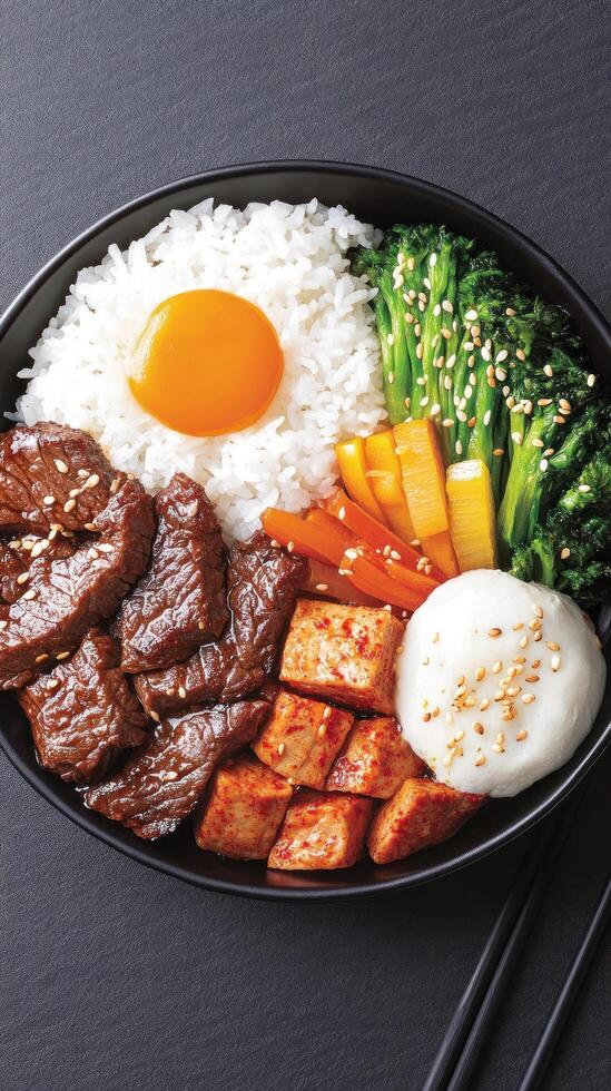 Korean bibimbap bowl with rice, meat, egg, and vegetables on a table ready to eat photo