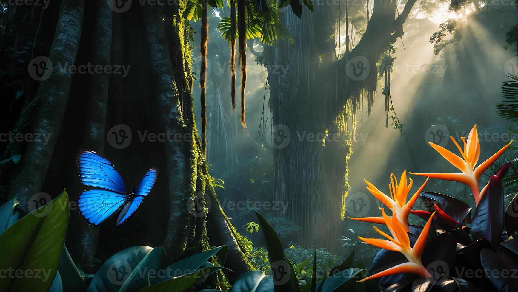 Butterfly and Jungle Scene with Exotic Flowers and Misty Sunlight photo