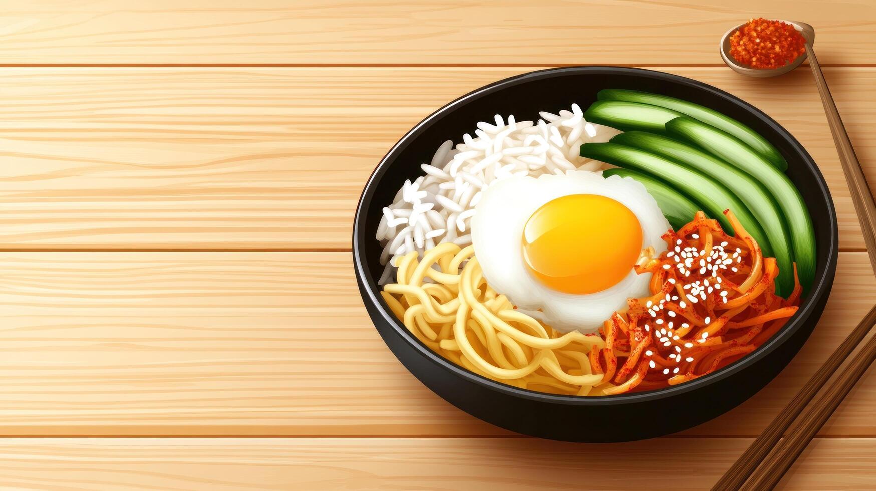 Korean bibimbap, rice, egg, vegetable mix, noodles, chopsticks on table for restaurant menu design photo