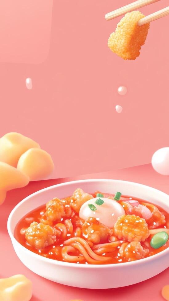Korean rice cakes, fish cakes and egg in spicy sauce. Chopsticks holding fried dish. For asian food blog photo