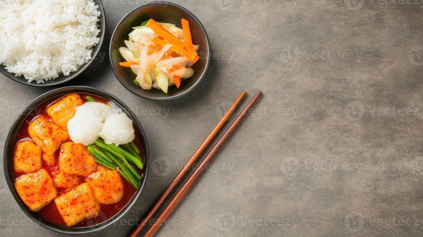 Korean spicy braised tofu dish with side dishes and rice for healthy eating, food blog photo