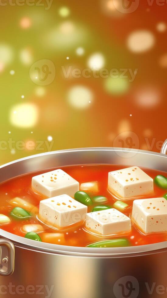 Korean tofu soup. Tofu cubes are floating with spices bokeh background for cuisine illustrations photo