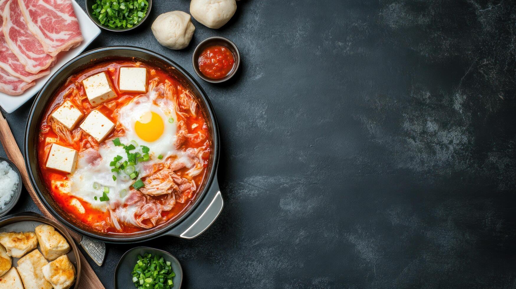 Korean tofu soup with egg, meat and veggies on black background for menu, recipes, and cooking blogs photo