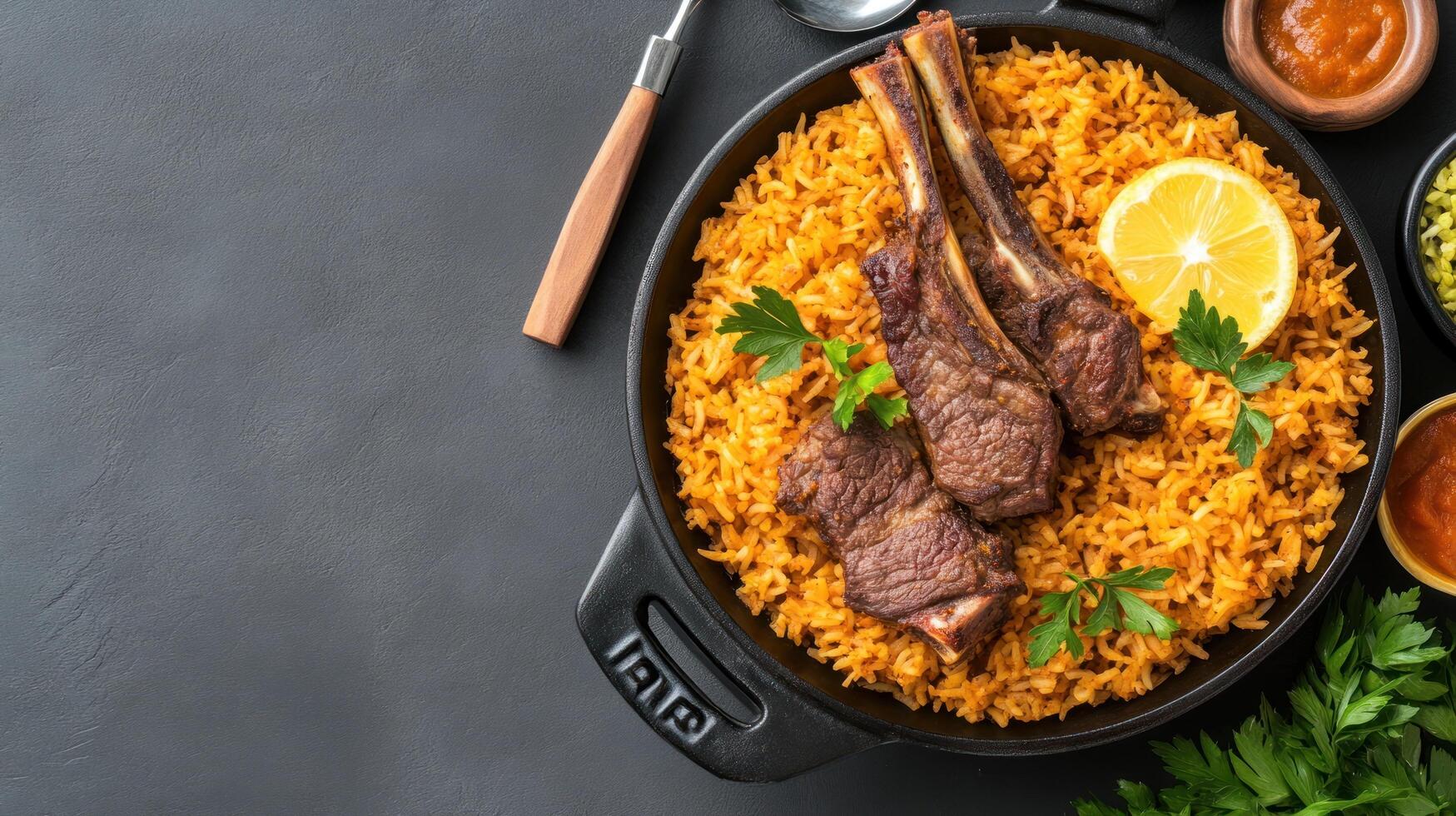 Lamb chops atop saffron rice in cast iron pan. Served with sauces on dark background photo