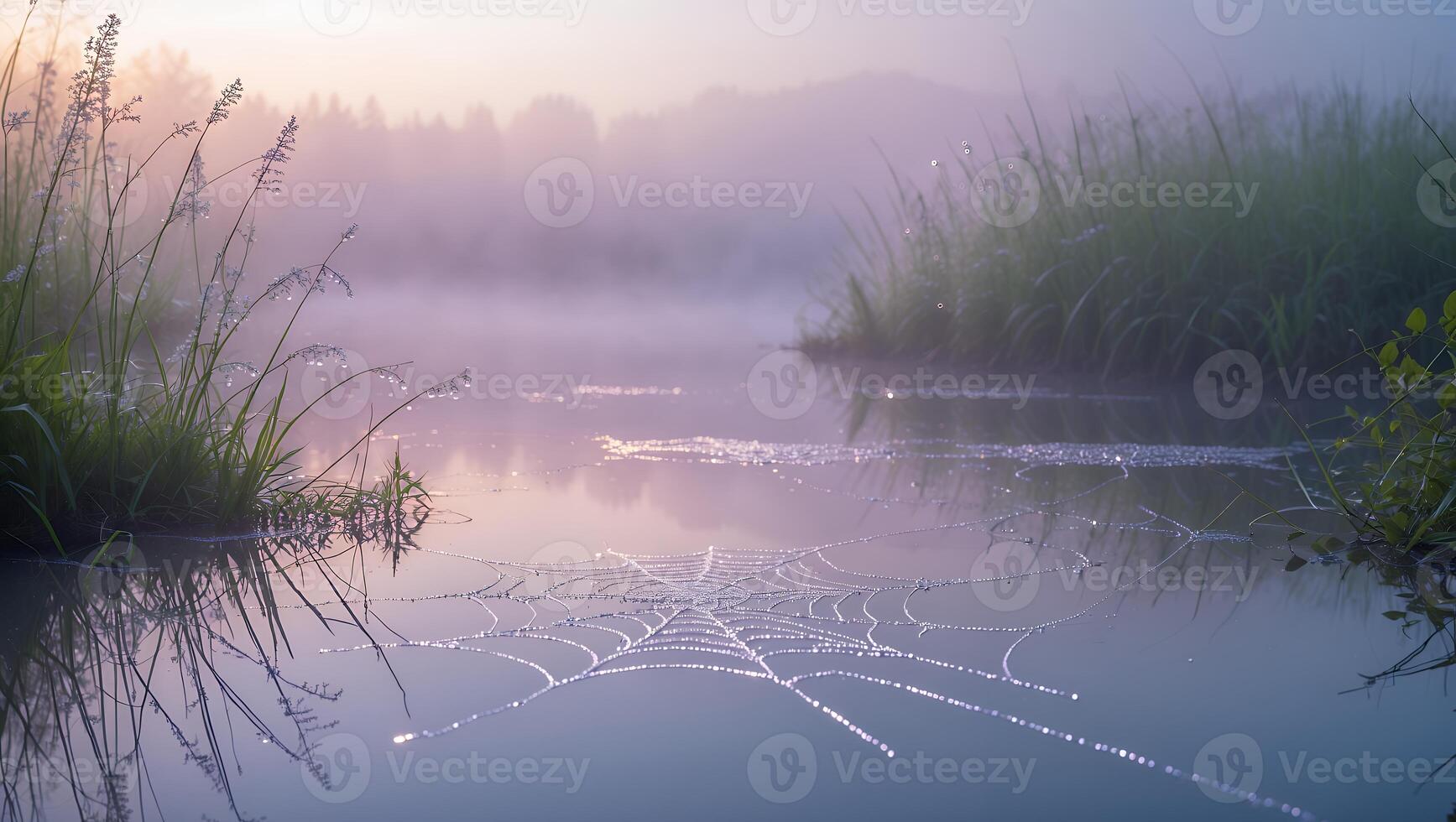Dew Covered Cobweb Floating on a Calm Pond in Early Morning photo