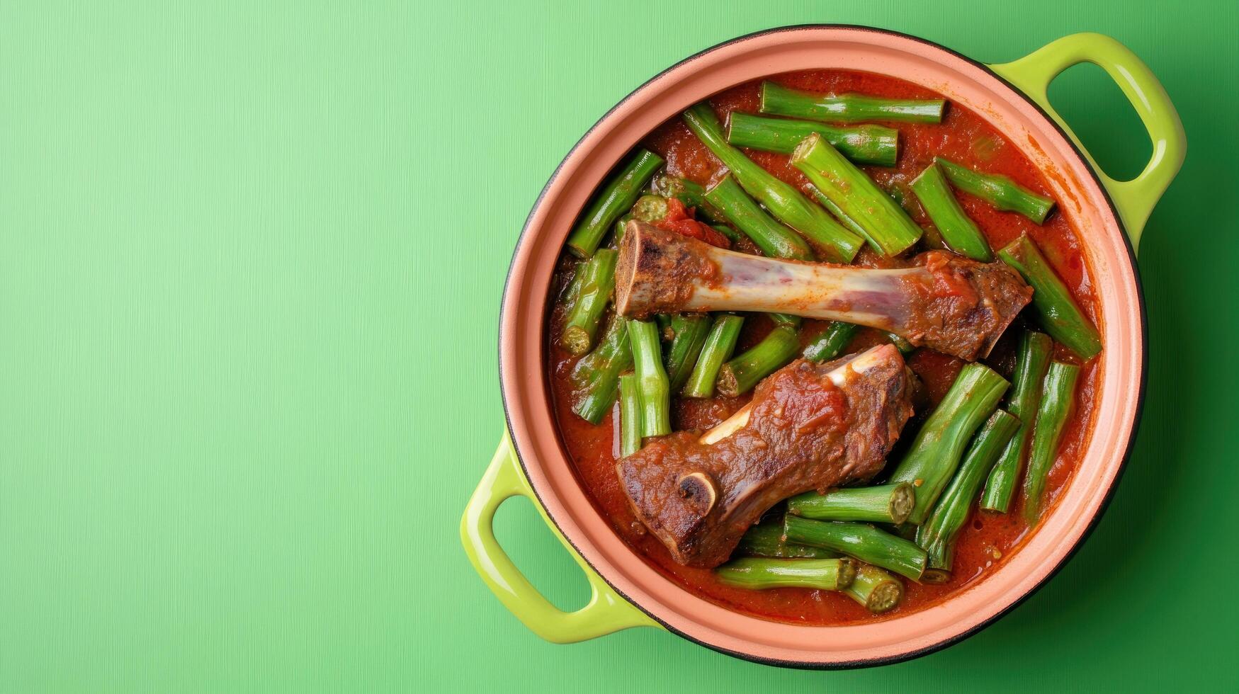 Lamb shank and green beans with tomato sauce in pot, ready to be served photo