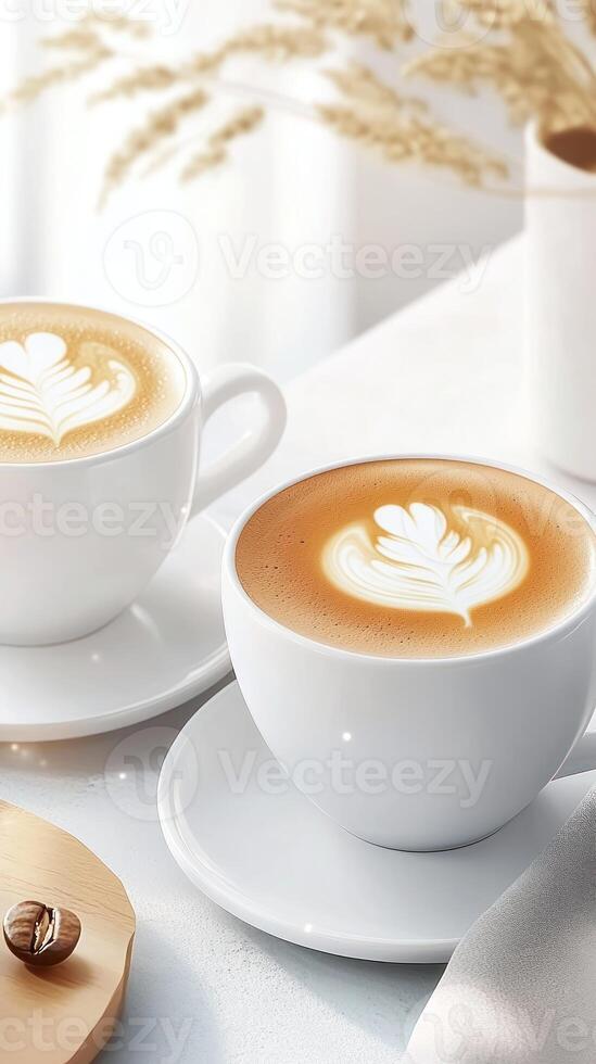 Latte art in white cups on a bright table with pampas grass. Relaxing coffee break photo