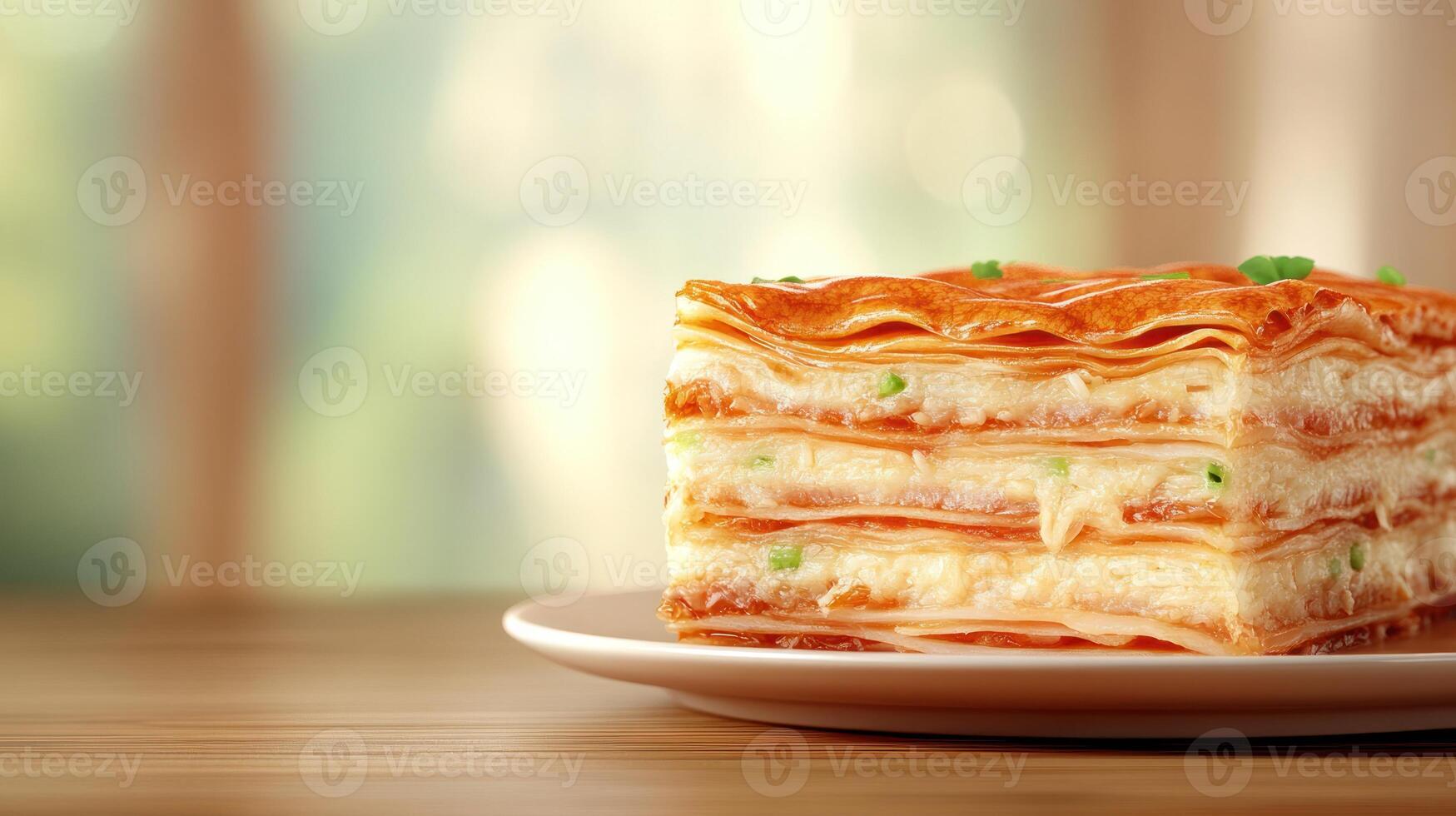 Layered cake sitting on wooden table with light background. Food blog image photo
