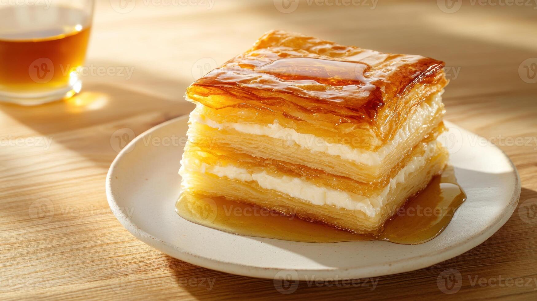 Layered dessert with cream and syrup on a plate, alongside a drink, on wood in soft sunlight photo