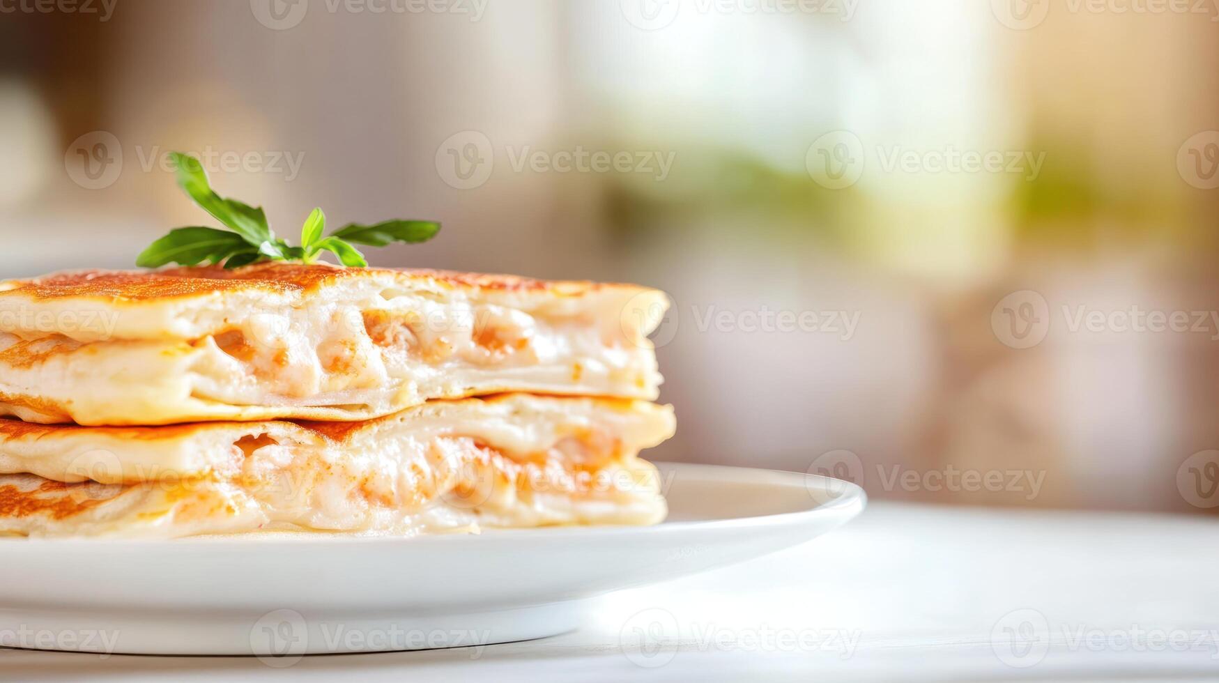 Layered pastries served on a plate, illuminated by natural light, for food blog or advertisement photo