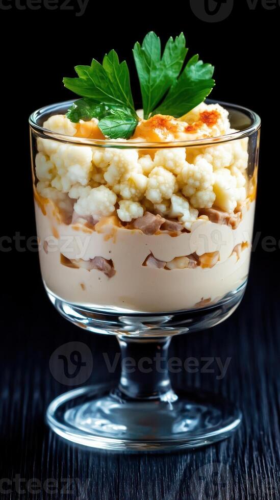 Layered salad in glass on dark wood table, food photography recipe for cooking blog background photo