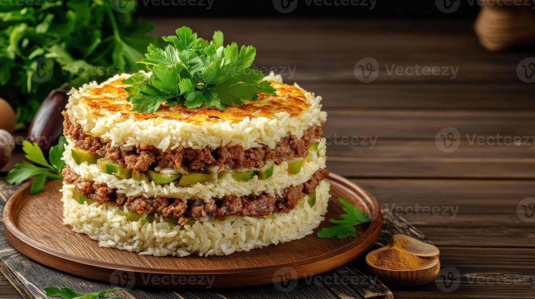 Layered rice, meat and cucumber dish. A culinary experience, presented on a wooden plate and table photo