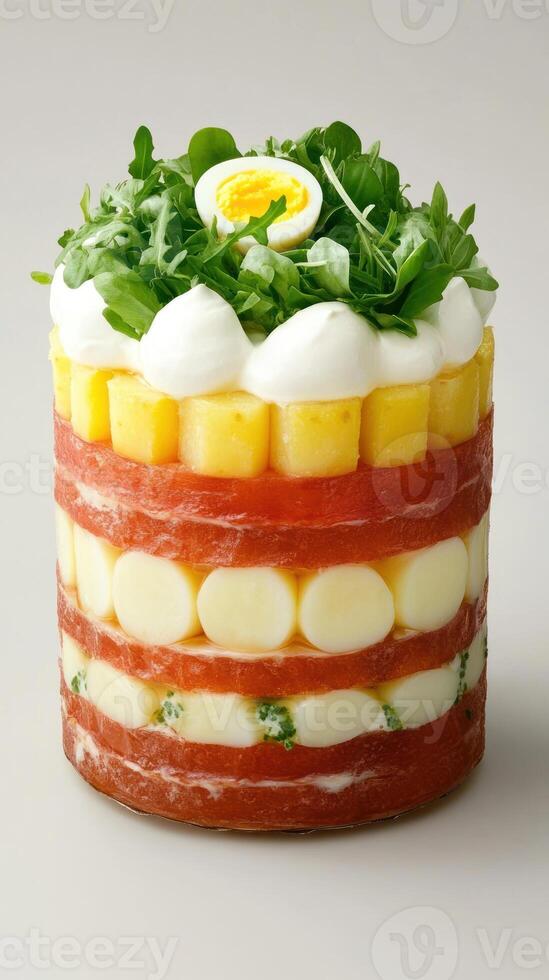 Layered salad stack with mozzarella, tomato, pineapple, egg and greens for nutrition photo