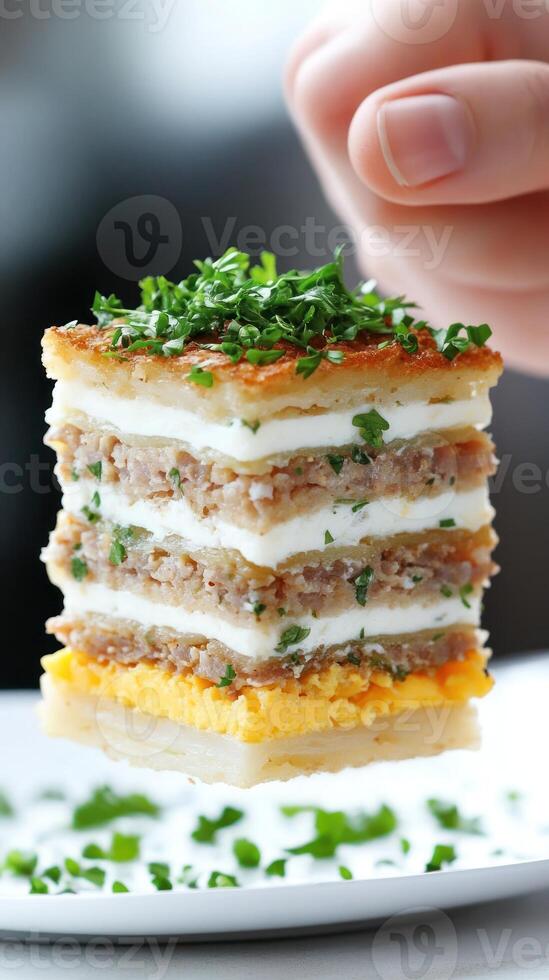 Layered stack of tasty food with herbs being sprinkled on the top layer in a blurry background photo