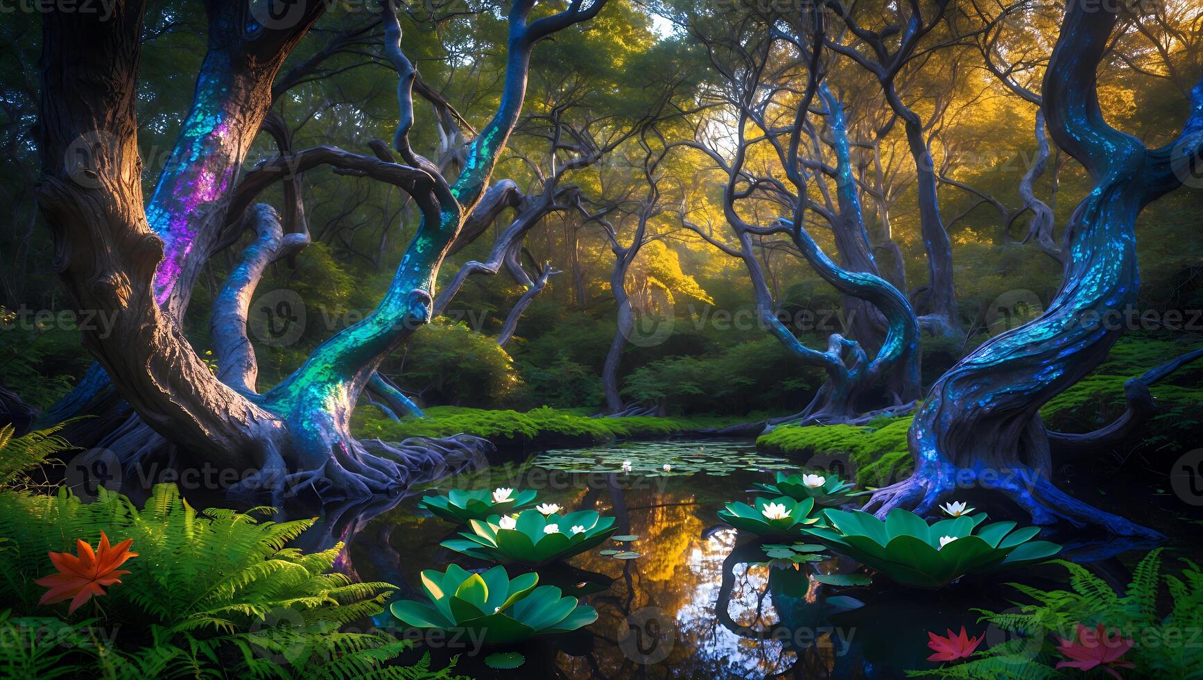 Enchanted Forest Pond with Lily Pads Reflecting Sunlight and Glowing Trees photo