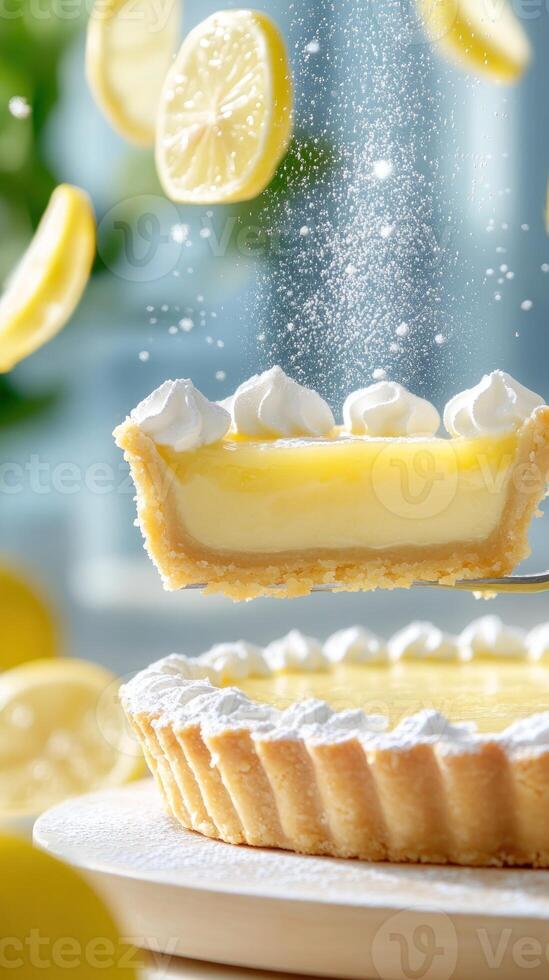 Lemon tart slice being served. Background lemon slices falling. Use Food blogging photo