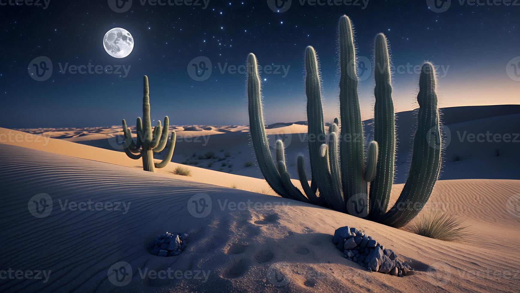 Cactus in Desert Landscape at Night with Full Moon and Stars photo