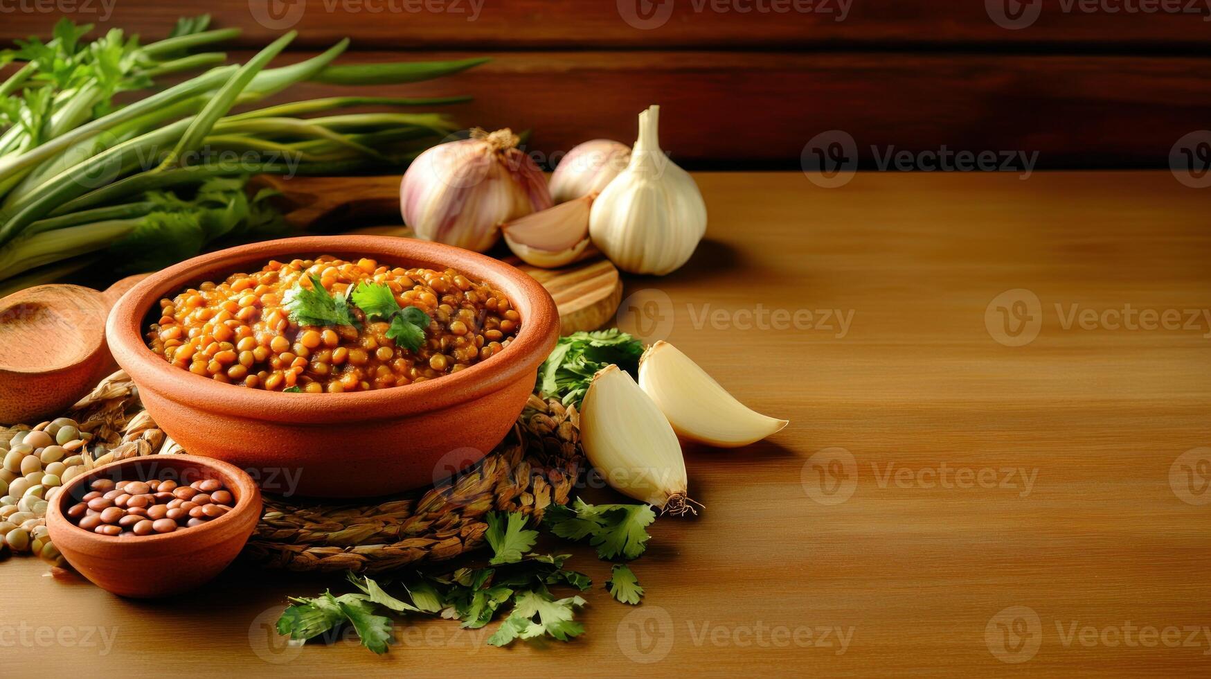 Lentil stew in bowl on wood. Side of onion, herbs, garlic. Healthy lunch blog, recipe book photo