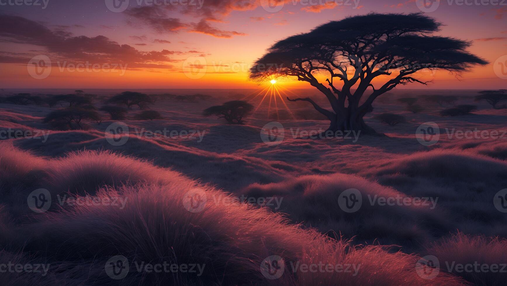 Tree Silhouetted by Vibrant Sunset in Field of Grass photo