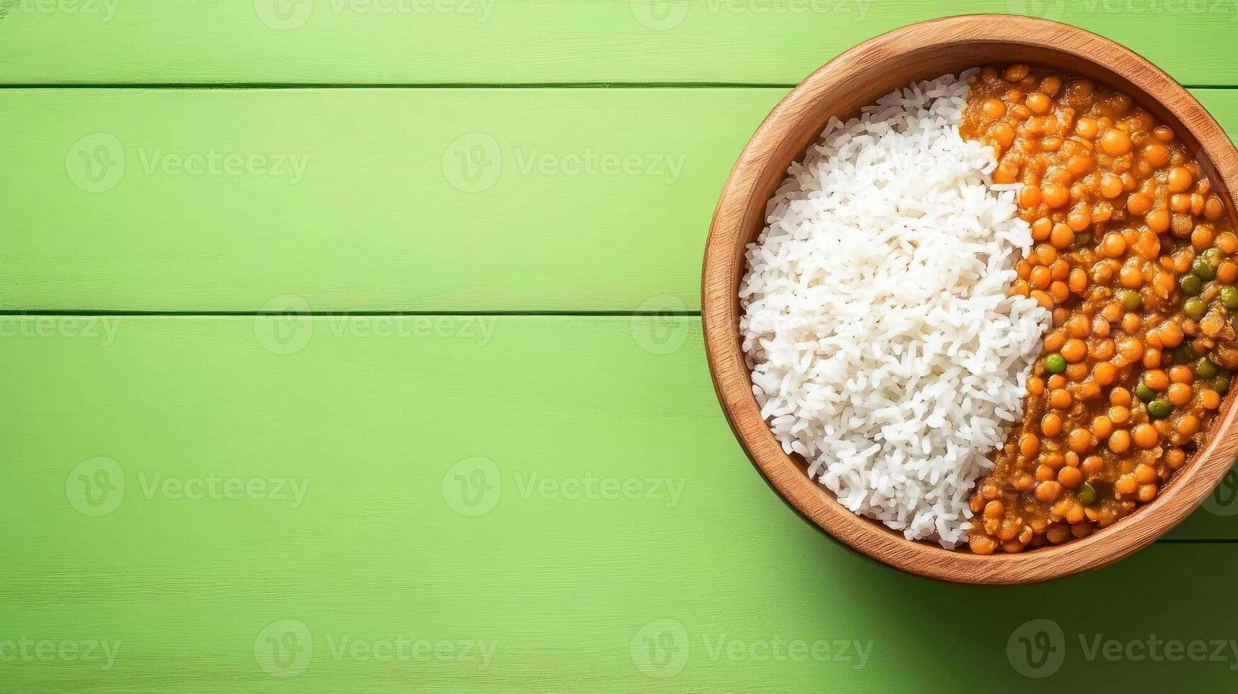 Lentils and rice, split on bowl, on green wood table. Healthy meal for dinner, in minimalist composition photo