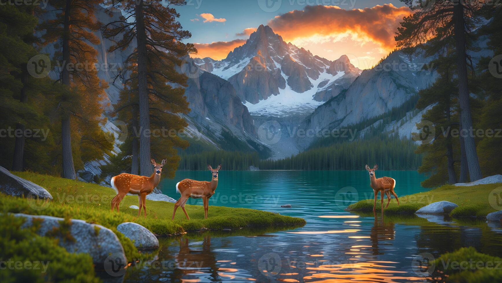 Deer Standing by a Calm Lake Surrounded by Mountains and Forest photo