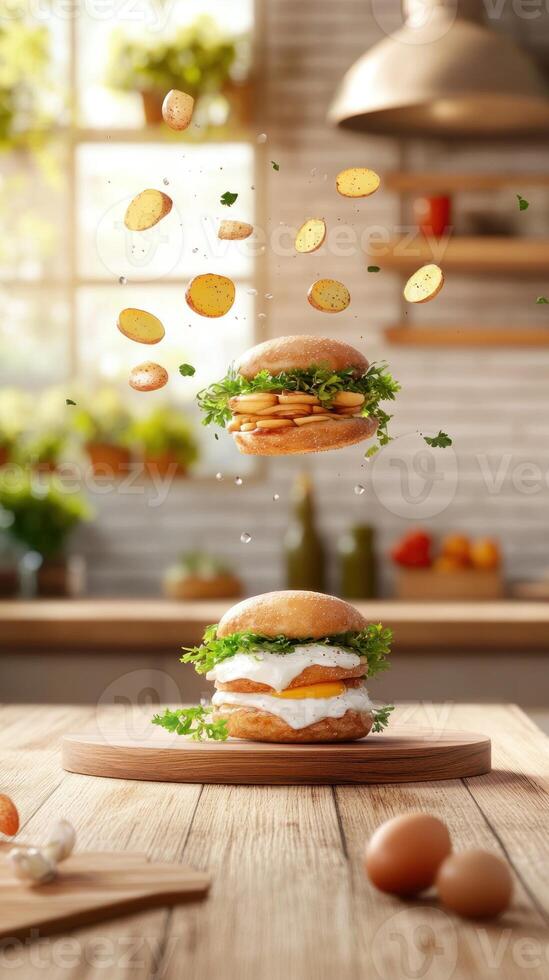 Levitating burger with egg and potato slice. On a wooden cutting board in the kitchen. Food photography photo