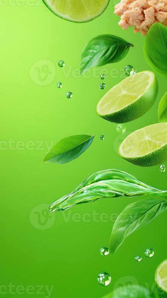 Limes, basil, and water splash floating on green background. Food and drink advertising photo
