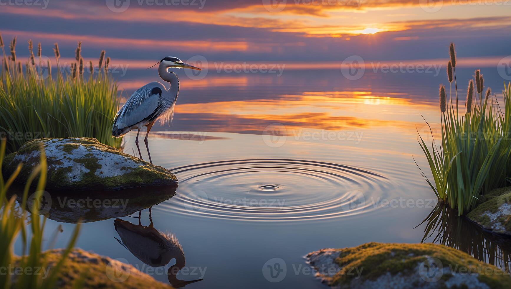 Heron Standing Calmly on Lake Rock Reflecting Sunset photo