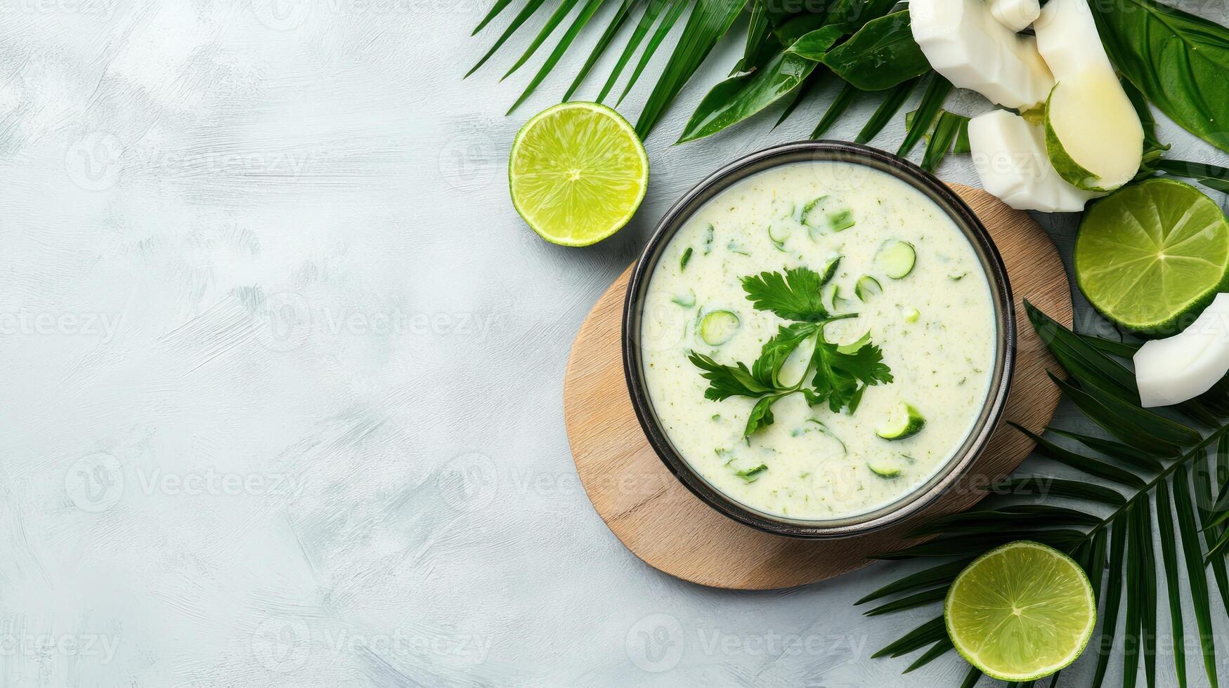 Lime coconut soup served in bowl with palm leaves. Gourmet meal presentation for recipes photo