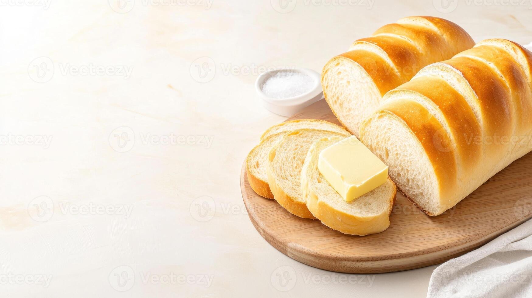 Loaf of bread sliced with butter on a wooden board, bright background. Food photography photo