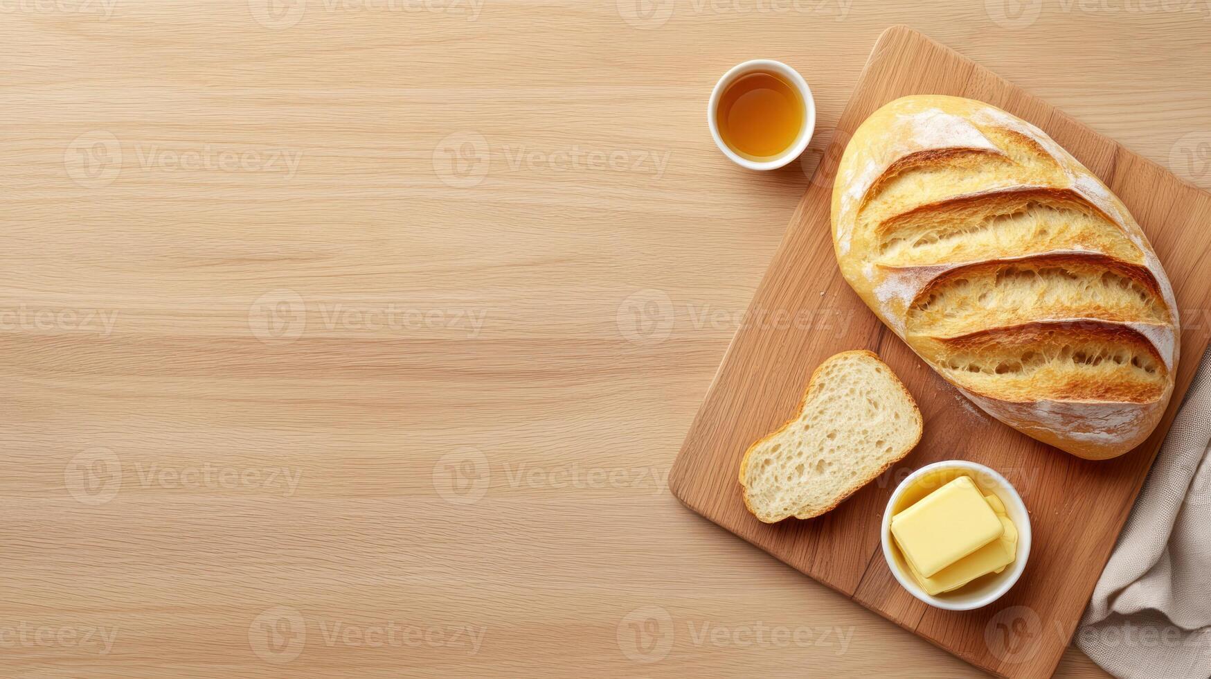 Loaf on board with drink butter, food photography. Cookbook, menu, blog photo