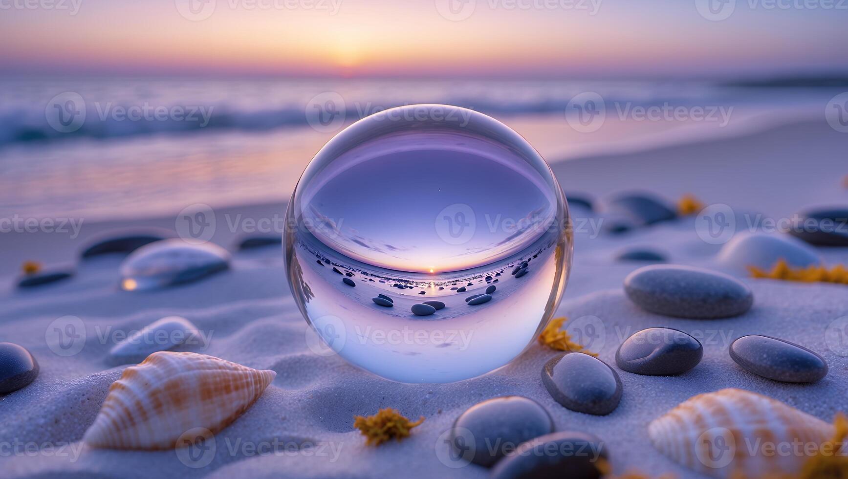 Glass Sphere Reflecting Beach at Sunset with Smooth Rocks and Seashells photo