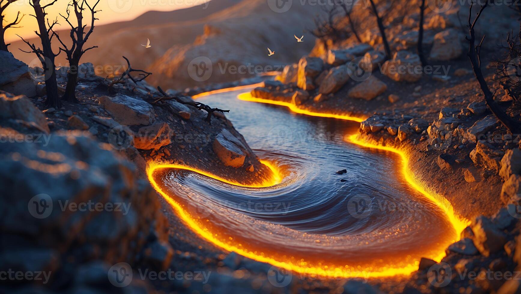 Glowing River Flowing Through Rocky Landscape at Dusk with Birds photo