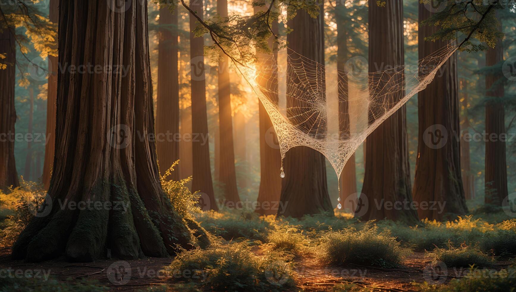 Sunlit Forest with Spiderweb and Water Droplets Nature Scene photo