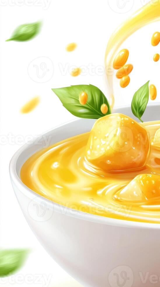 Mango dessert in a bowl. Sauce is flowing, and it looks delicious, healthy and suitable for vegan photo
