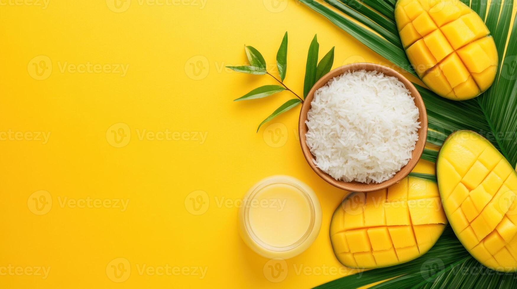 Mango and sticky rice with coconut milk on yellow background, palm leaves decoration for menu photo