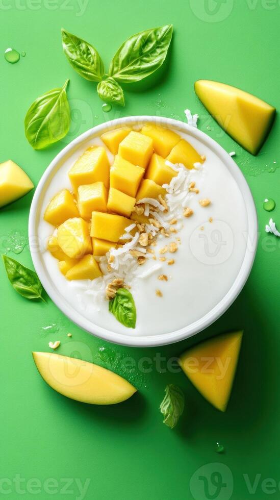 Mango cubes on yogurt. Breakfast bowl. Green background with basil. Healthy eating photo