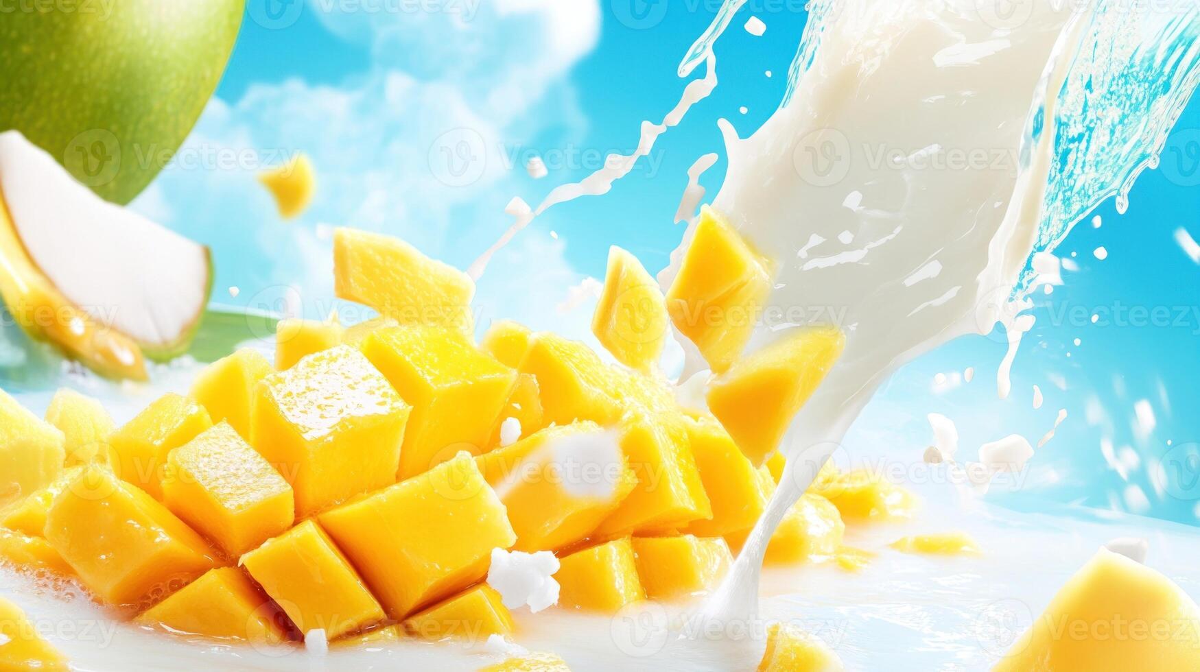 Mango pieces fall into milk for food advertising, with a sky and clouds background photo