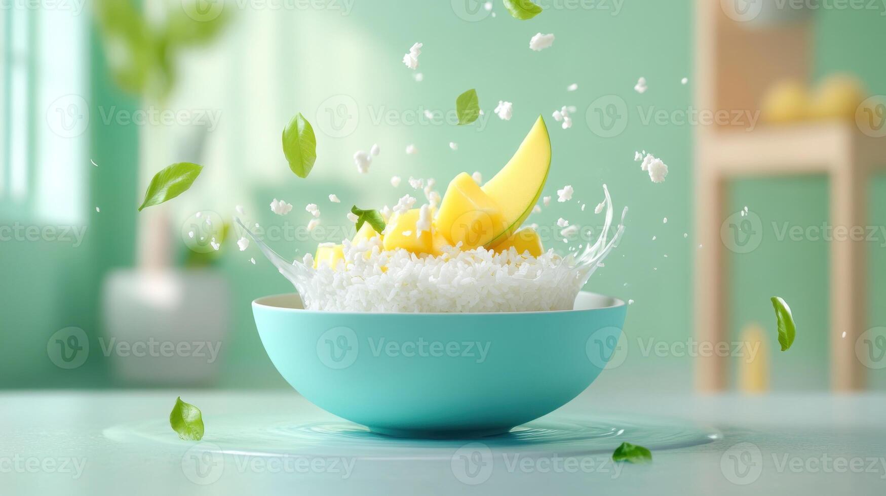 Mango shaved ice, milk splashes, leaves, summer dessert in bowl on table with chair and plant background photo