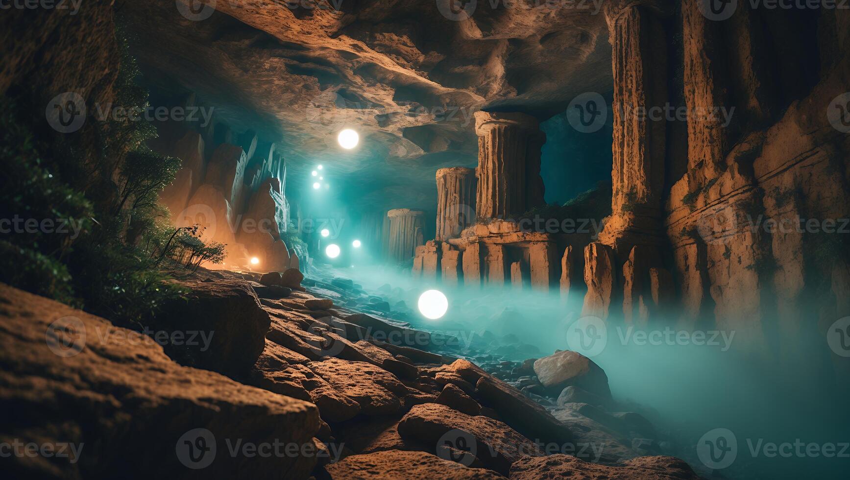 Exploring Ancient Ruins in Mysterious Cave with Glowing Orbs and Mist photo