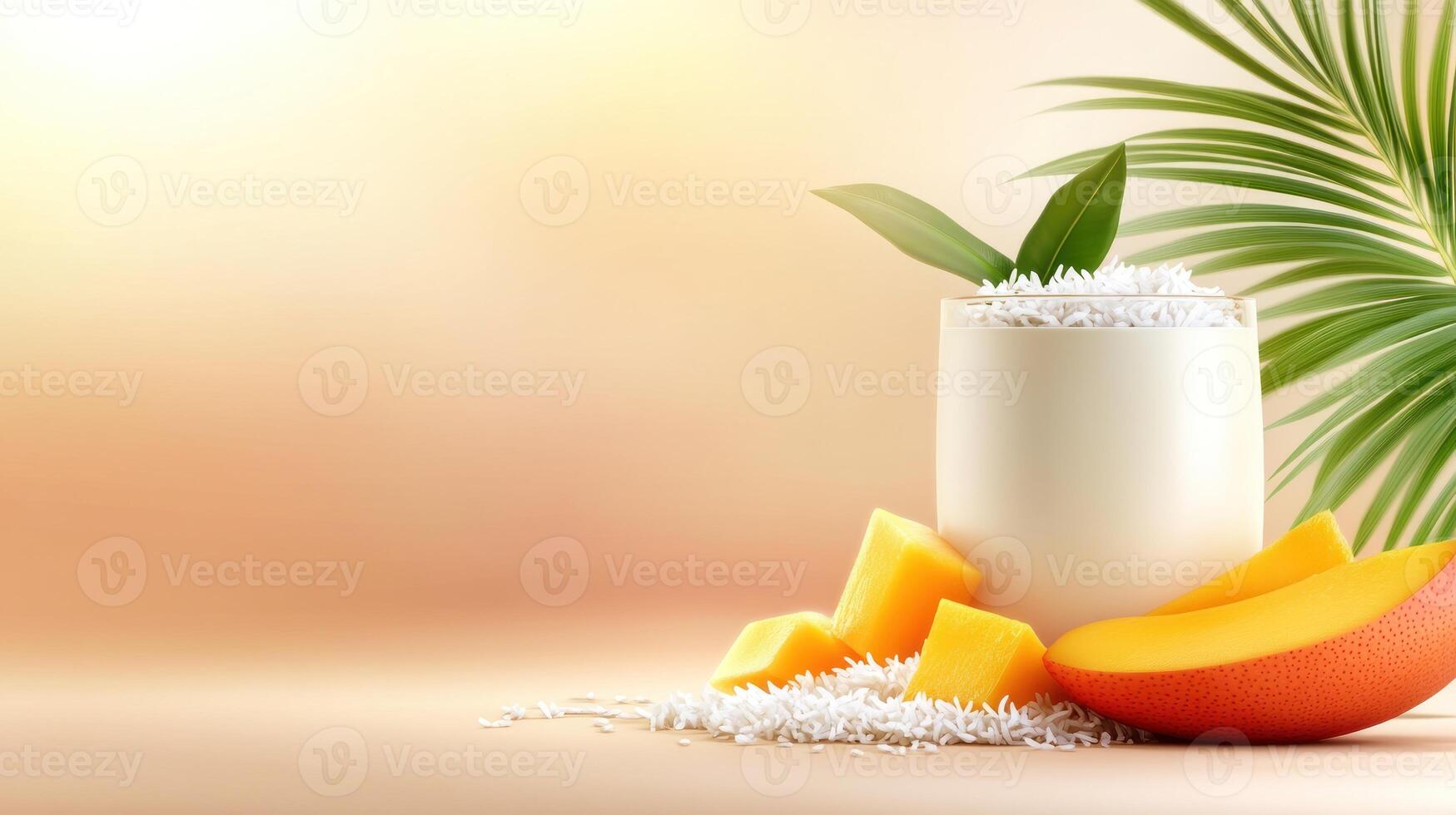 Mango smoothie with fruit garnish served in a glass on a bright background photo