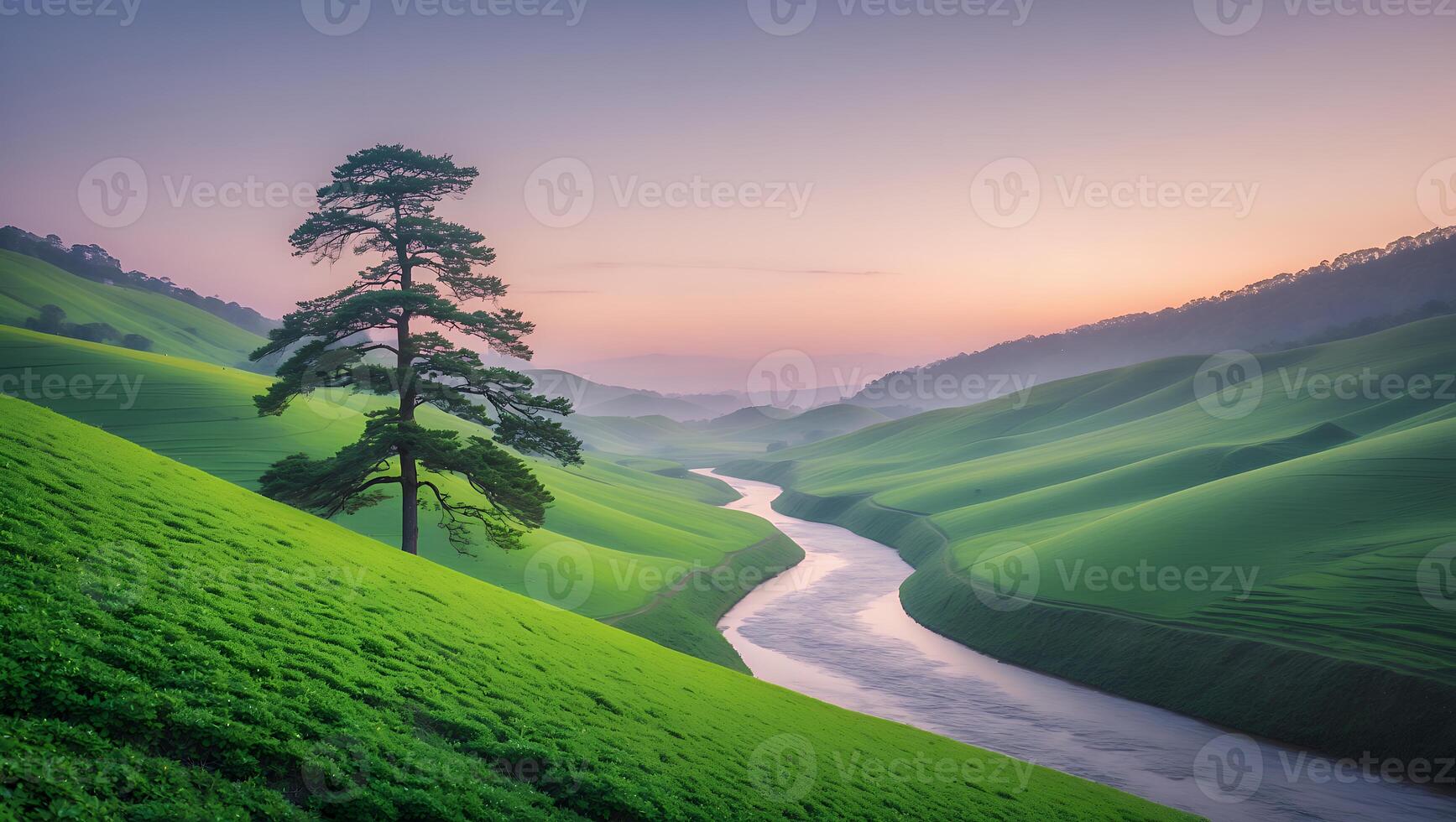 Landscape with River Flowing Through Green Hills at Sunset photo