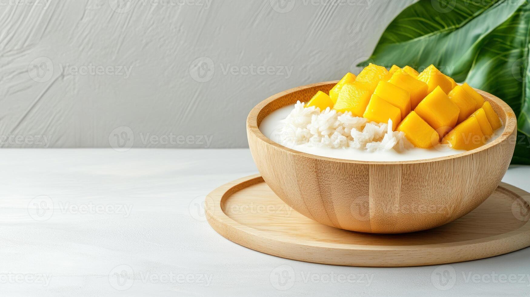 Mango Sticky Rice dessert in wood bowl with coconut milk, on light background. Possible use food blog photo