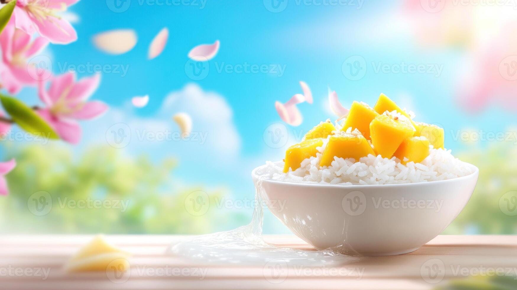 Mango sticky rice bowl on a wooden table, with a blurred spring background, ideal for food blog photo